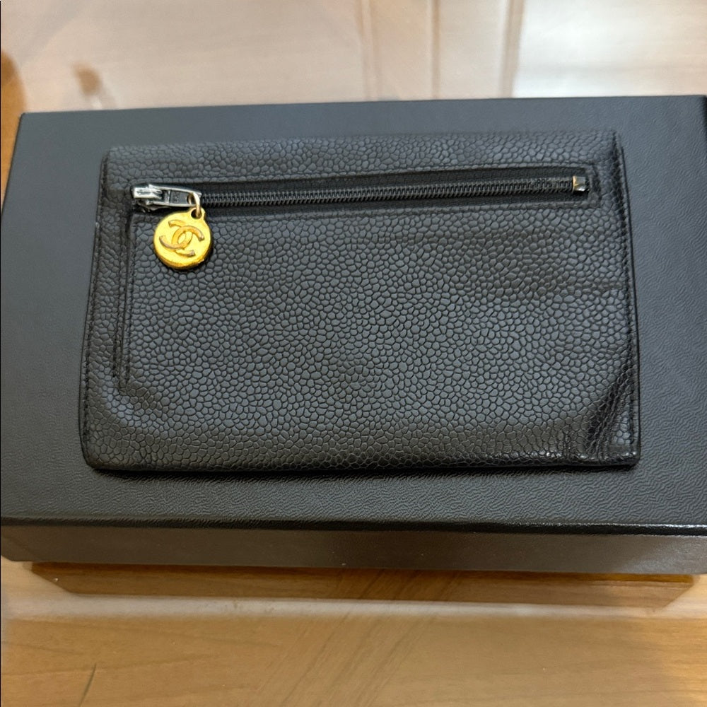 CHANEL Black Grained Calfskin Bifold Wallet on Chain