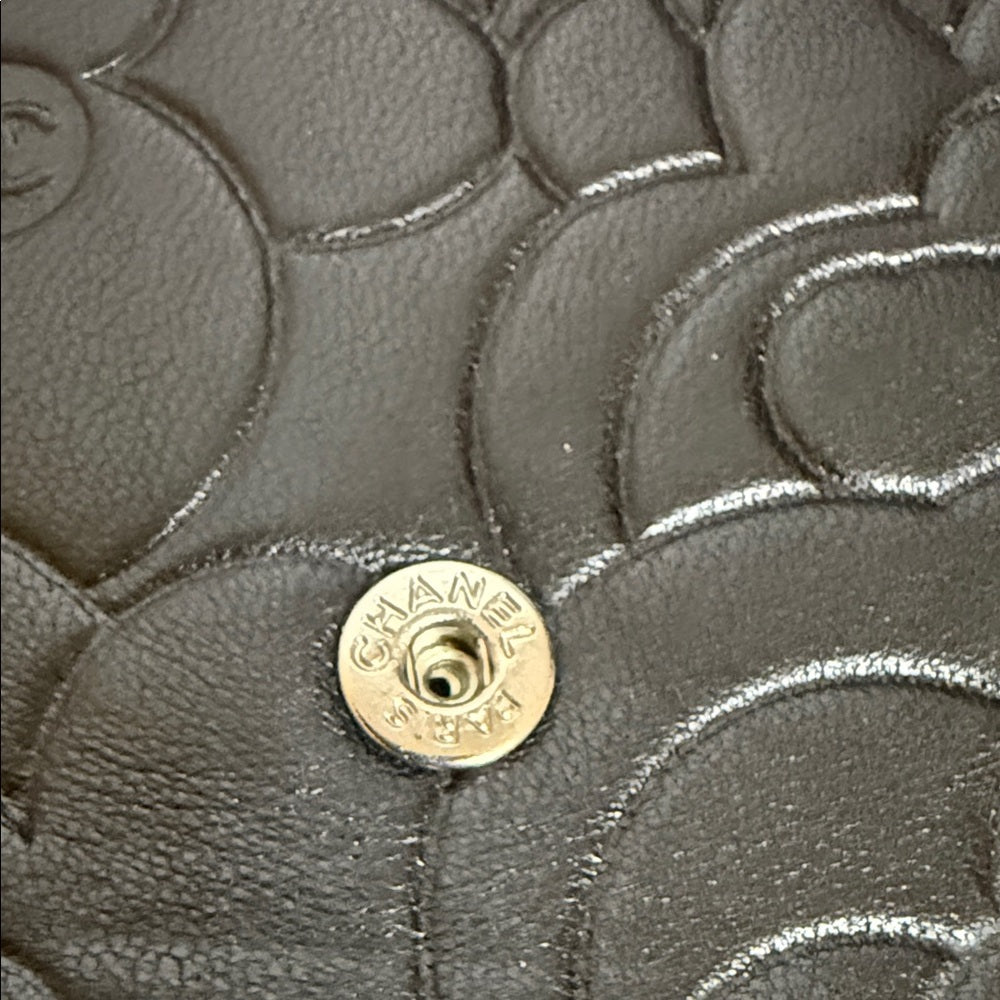 CHANEL Black Lambskin Camellia Embossed Long Bifold Wallet
