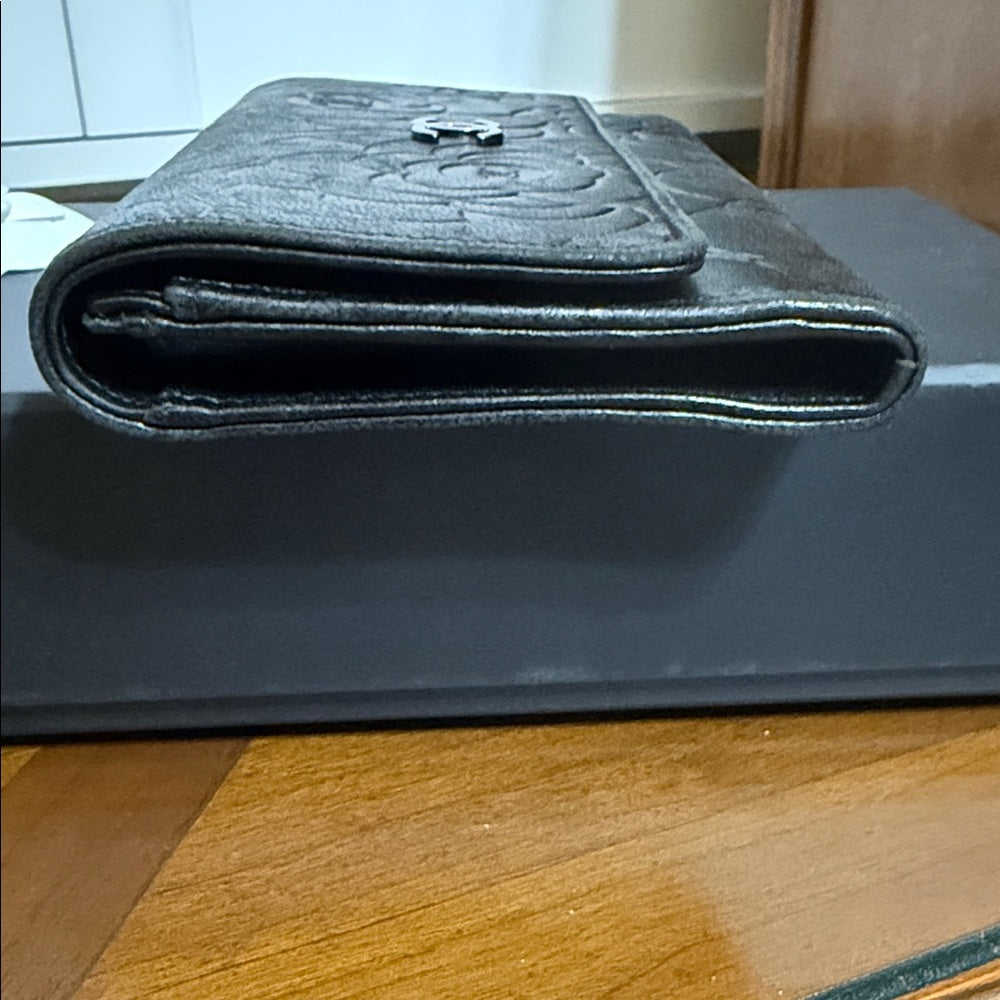 CHANEL Black Lambskin Camellia Embossed Long Bifold Wallet