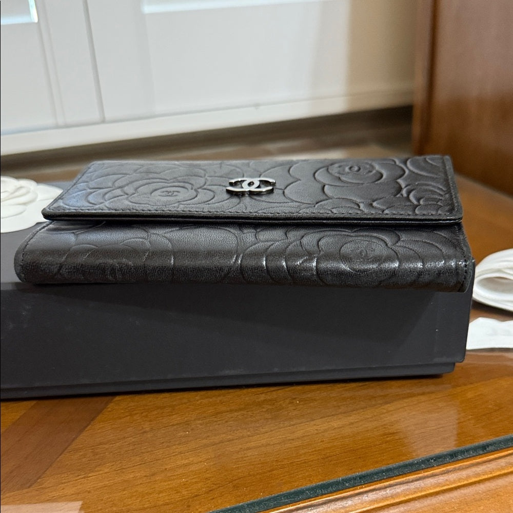 CHANEL Black Lambskin Camellia Embossed Long Bifold Wallet