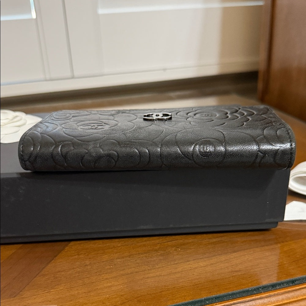 CHANEL Black Lambskin Camellia Embossed Long Bifold Wallet