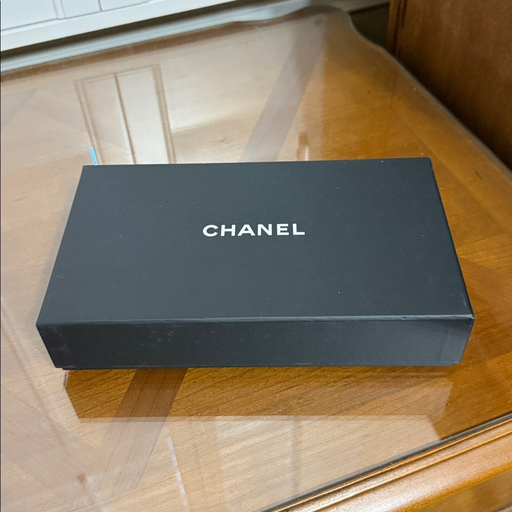 CHANEL Black Lambskin Camellia Embossed Long Bifold Wallet